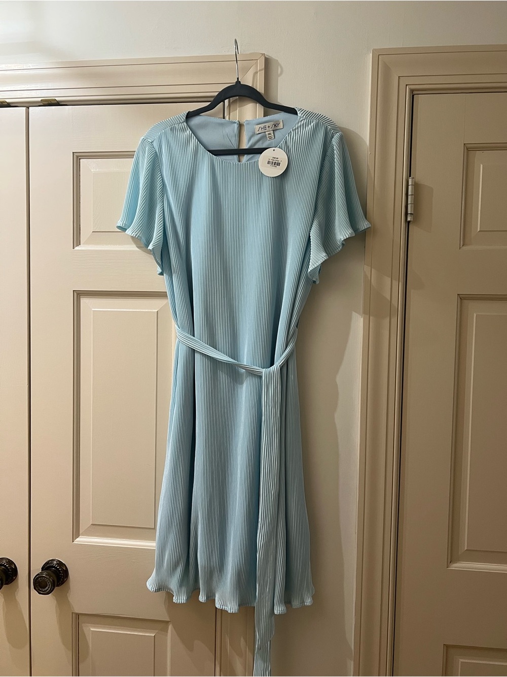 She + Sky Light Blue Pleated Midi Dress with Tie Belt